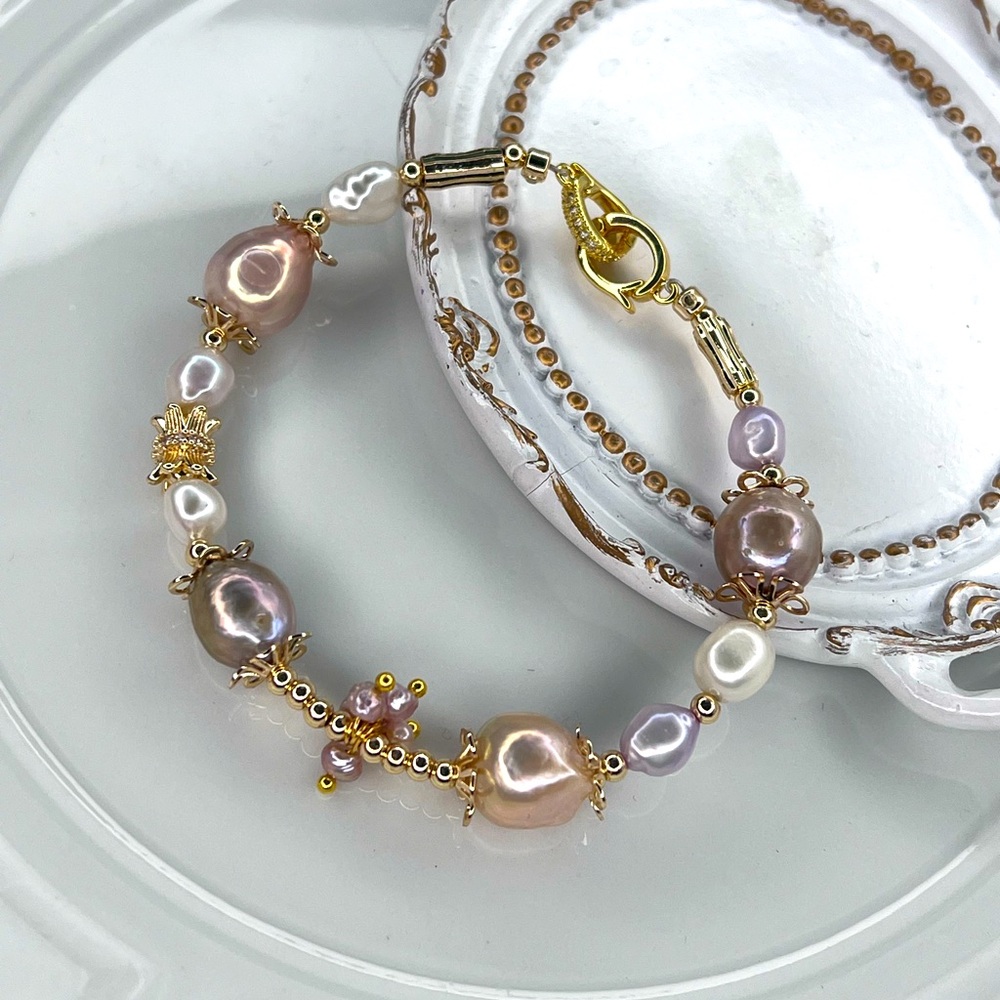 Handmade by Me Gold Plated Freshwater Edison Pearl Bracelet Pink Peach Purple - Picture 3 of 3